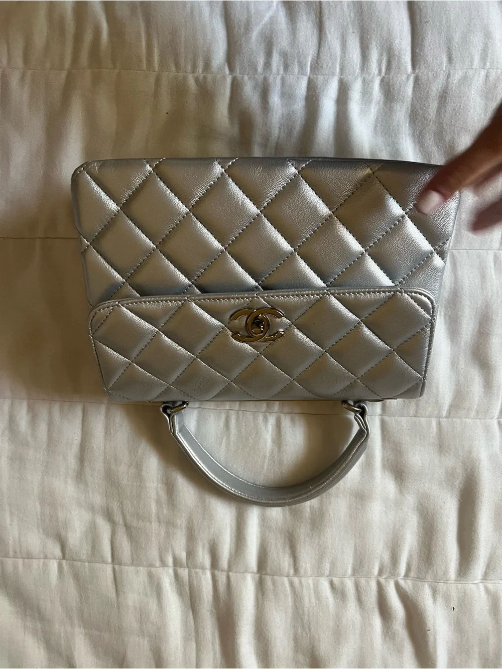 Quilted Metallic Top-Handle Bag in Silver